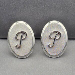 VTG Silver Tone Oval Monogram Letter 'P' Cufflinks 1.25" Bullet Back Textured